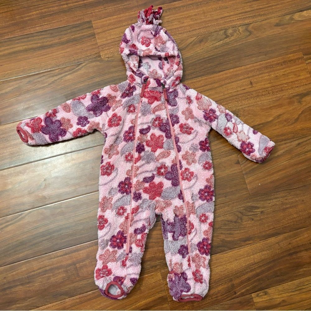 REI fleece purple/pink floral hooded snowsuit